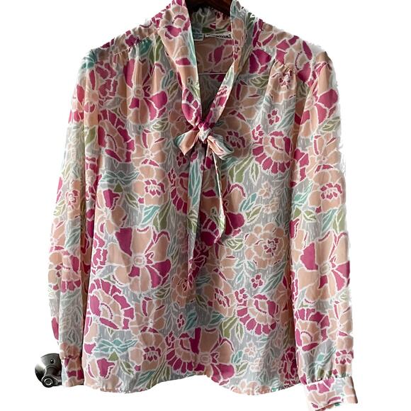 Vintage sheer floral secretary blouse sailor knot/p---y bow 🎀 size XL 16 - Picture 1 of 12